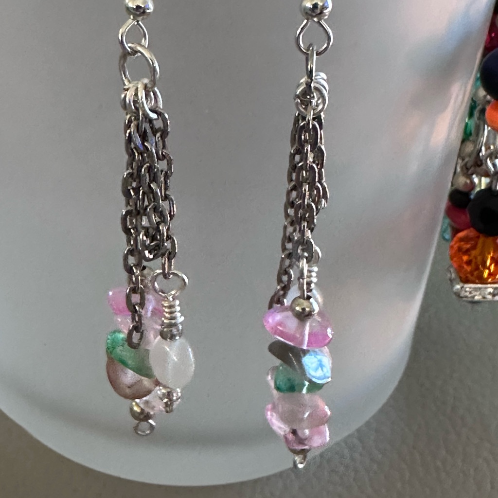 Silver Chain Fringe And Pastel Beaded Earrings